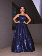 Vestidos de graduación elegantes de corte A, con lentejuelas, tirantes finos, volantes, sin mangas y hasta el suelo