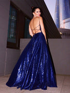 Vestidos de graduación elegantes de corte A, con lentejuelas, tirantes finos, volantes, sin mangas y hasta el suelo