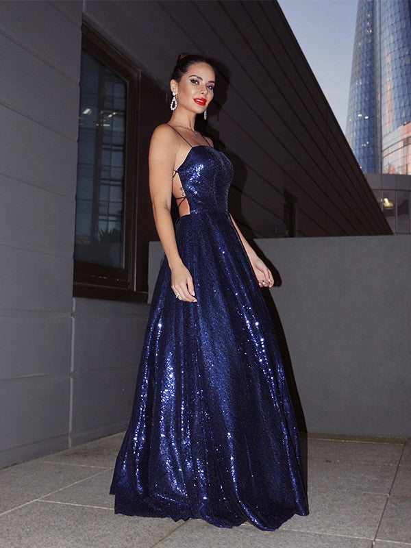 Vestidos de graduación elegantes de corte A, con lentejuelas, tirantes finos, volantes, sin mangas y hasta el suelo