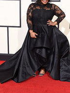 Vestidos de fiesta de talla grande, corte en A, elegantes, con cuello transparente, mangas largas, apliques y diseño asimétrico en satén.