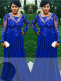 Vestidos de fiesta de talla grande, corte en A, elegantes, de gasa, con cuello transparente, mangas largas, apliques y largo hasta el suelo.