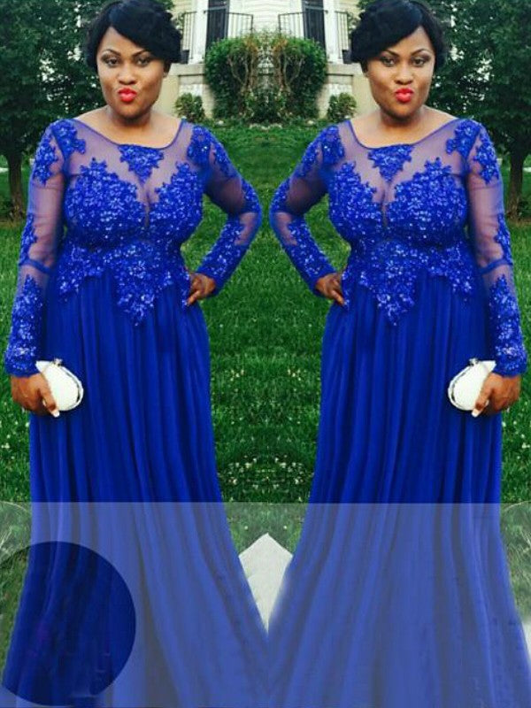 Vestidos de fiesta de talla grande, corte en A, elegantes, de gasa, con cuello transparente, mangas largas, apliques y largo hasta el suelo.