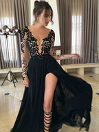 Vestidos de graduación de gasa de corte línea A/elegantes, con cuello transparente, mangas largas y encaje hasta el suelo.