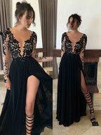 Vestidos de graduación de gasa de corte línea A/elegantes, con cuello transparente, mangas largas y encaje hasta el suelo.
