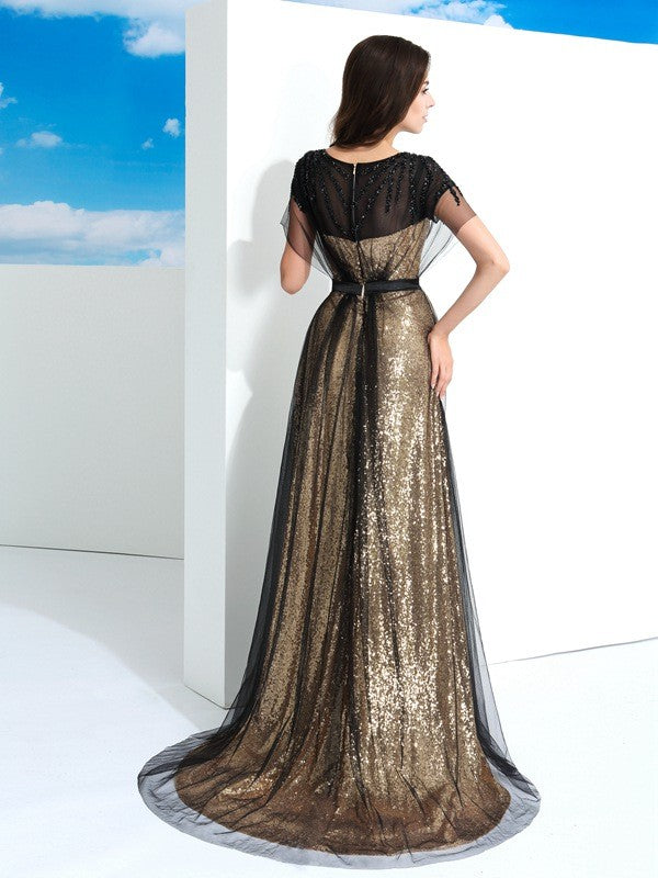 Vestidos largos de fiesta de corte A/elegantes con cuello transparente, lentejuelas y mangas cortas de tul.