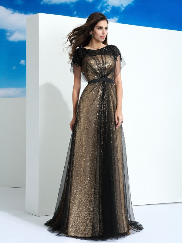Vestidos largos de fiesta de corte A/elegantes con cuello transparente, lentejuelas y mangas cortas de tul.