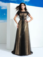 Vestidos largos de fiesta de corte A/elegantes con cuello transparente, lentejuelas y mangas cortas de tul.