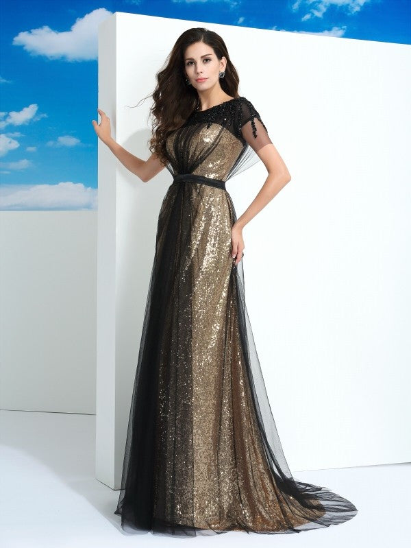 Vestidos largos de fiesta de corte A/elegantes con cuello transparente, lentejuelas y mangas cortas de tul.