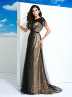 Vestidos largos de fiesta de corte A/elegantes con cuello transparente, lentejuelas y mangas cortas de tul.