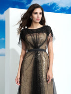 Vestidos largos de fiesta de corte A/elegantes con cuello transparente, lentejuelas y mangas cortas de tul.