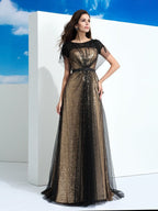 Vestidos largos de fiesta de corte A/elegantes con cuello transparente, lentejuelas y mangas cortas de tul.