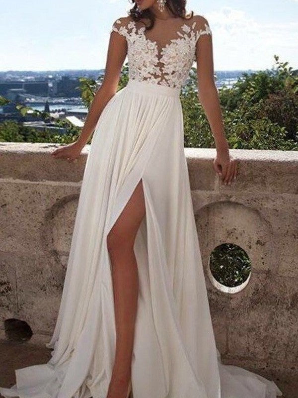 Vestidos de fiesta de gasa con apliques, corte en A/elegantes, manga corta y escote redondo.
