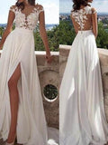Vestidos de fiesta de gasa con apliques, corte en A/elegantes, manga corta y escote redondo.