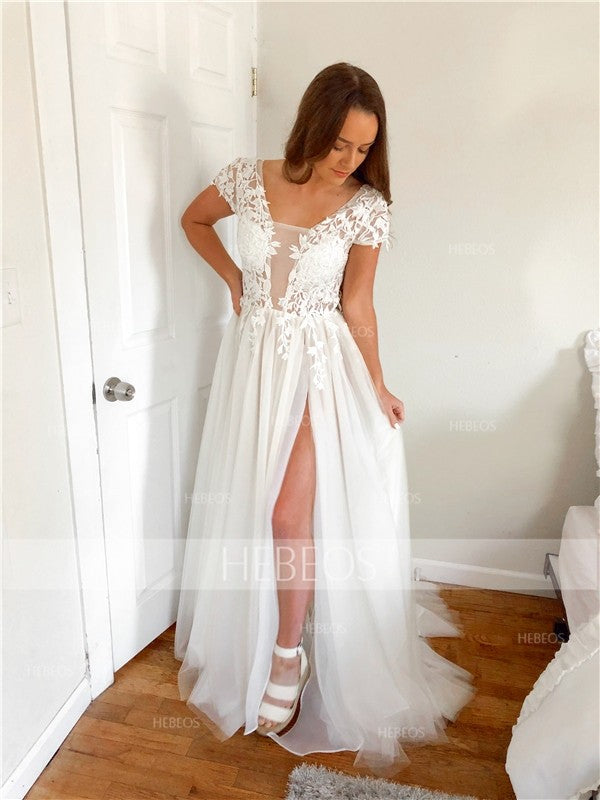 Vestidos de fiesta de tul con apliques, corte en A/elegantes, manga corta y escote en V.