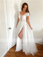 Vestidos de fiesta de tul con apliques, corte en A/elegantes, manga corta y escote en V.