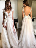 Vestidos de fiesta de tul con apliques, corte en A/elegantes, manga corta y escote en V.