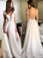 Vestidos de fiesta de tul con apliques, corte en A/elegantes, manga corta y escote en V.