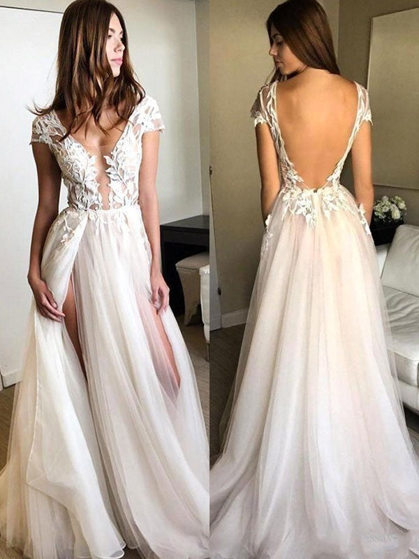 Vestidos de fiesta de tul con apliques, corte en A/elegantes, manga corta y escote en V.