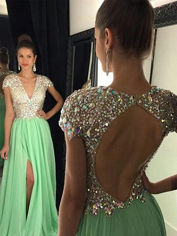 Vestidos de graduación largos hasta el suelo, de corte línea A/elegantes, de manga corta, escote en V, gasa con lentejuelas.