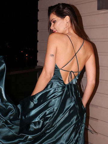 Vestidos de graduación de corte A/elegantes, de satén tipo seda, con escote en V, volantes, sin mangas y hasta el suelo.