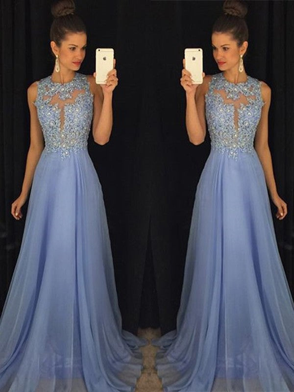 Vestidos de fiesta de corte A/elegantes sin mangas con apliques de gasa y escote redondo