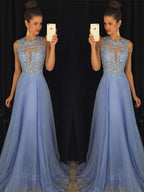 Vestidos de fiesta de corte A/elegantes sin mangas con apliques de gasa y escote redondo