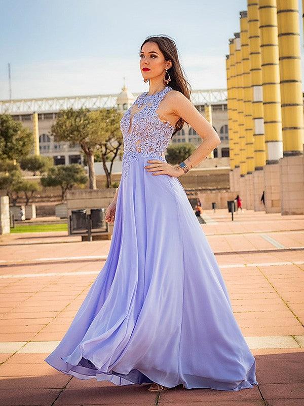 Vestidos de fiesta de corte A/elegantes sin mangas con apliques de gasa y escote redondo