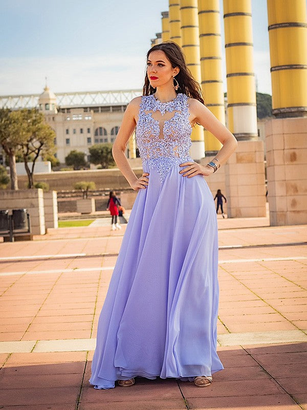 Vestidos de fiesta de corte A/elegantes sin mangas con apliques de gasa y escote redondo