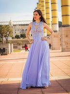 Vestidos de fiesta de corte A/elegantes sin mangas con apliques de gasa y escote redondo
