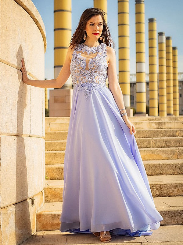 Vestidos de fiesta de corte A/elegantes sin mangas con apliques de gasa y escote redondo