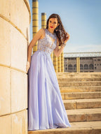 Vestidos de fiesta de corte A/elegantes sin mangas con apliques de gasa y escote redondo