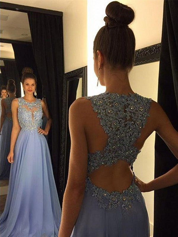 Vestidos de fiesta de corte A/elegantes sin mangas con apliques de gasa y escote redondo