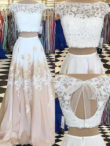 Vestidos de graduación de dos piezas de corte A/elegantes, sin mangas, de gasa, encaje y largo hasta el suelo.