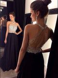 Vestidos de fiesta de gasa con cuentas, corte en A/elegantes, sin mangas, con cuello halter y sin mangas