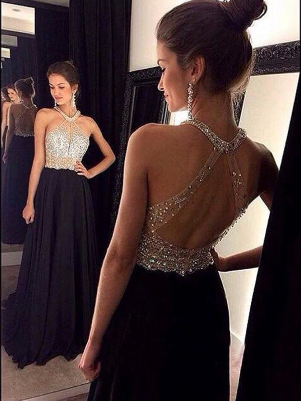 Vestidos de fiesta de gasa con cuentas, corte en A/elegantes, sin mangas, con cuello halter y sin mangas