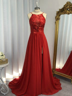Vestidos de fiesta elegantes sin mangas con cuello halter y apliques de gasa