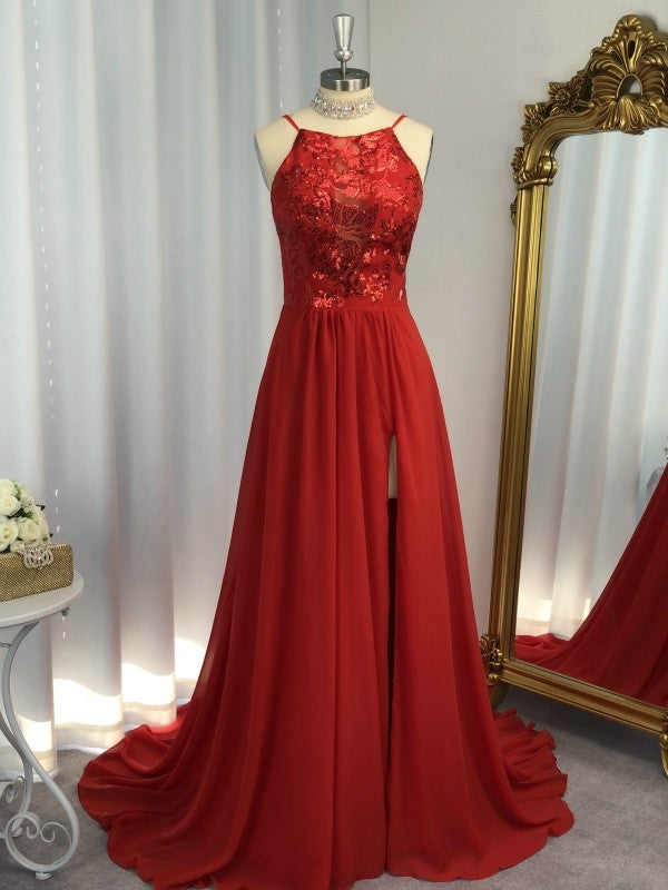 Vestidos de fiesta elegantes sin mangas con cuello halter y apliques de gasa