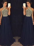 Vestidos de graduación largos hasta el suelo, elegantes, sin mangas, con cuello halter y bordado de gasa.