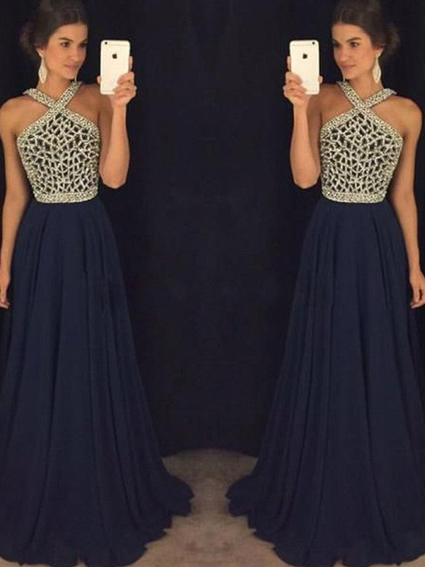 Vestidos de graduación largos hasta el suelo, elegantes, sin mangas, con cuello halter y bordado de gasa.