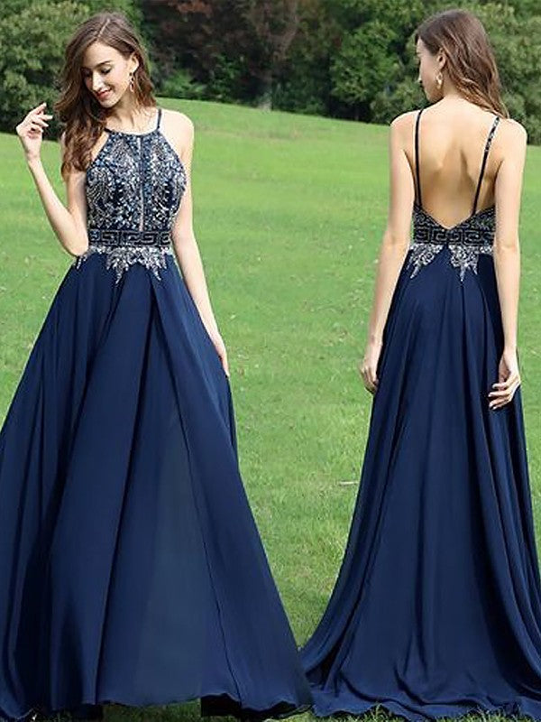 Vestidos de graduación de gasa con cuentas, corte línea A/elegantes, sin mangas, con cuello halter y mangas abullonadas