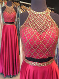 Vestido de graduación de dos piezas, corte línea A, elegante, sin mangas, con cuello halter, elástico, tejido de satén con cuentas, largo hasta el suelo.