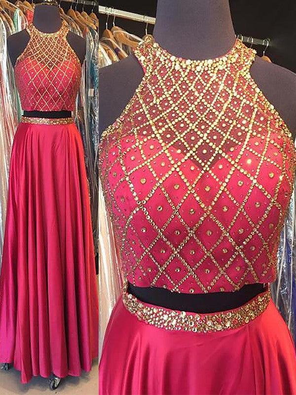 Vestido de graduación de dos piezas, corte línea A, elegante, sin mangas, con cuello halter, elástico, tejido de satén con cuentas, largo hasta el suelo.