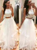 Vestidos de graduación de tul con cuentas, corte línea A/elegantes, sin mangas, con cuello halter y largo hasta el suelo
