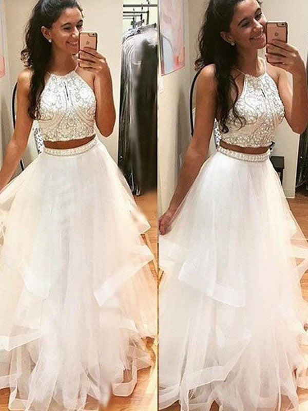 Vestidos de graduación de tul con cuentas, corte línea A/elegantes, sin mangas, con cuello halter y largo hasta el suelo