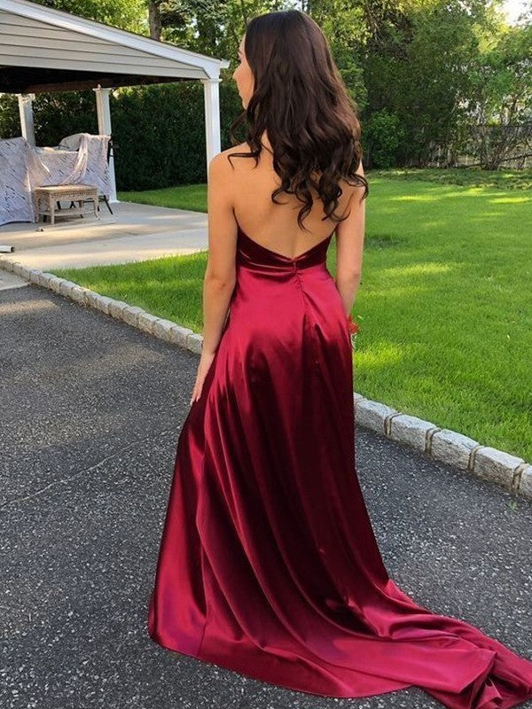 Vestidos de fiesta de satén tipo seda, corte en A, elegantes, sin mangas, con cuello halter y volantes.