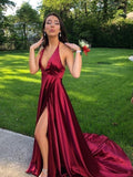 Vestidos de fiesta de satén tipo seda, corte en A, elegantes, sin mangas, con cuello halter y volantes.