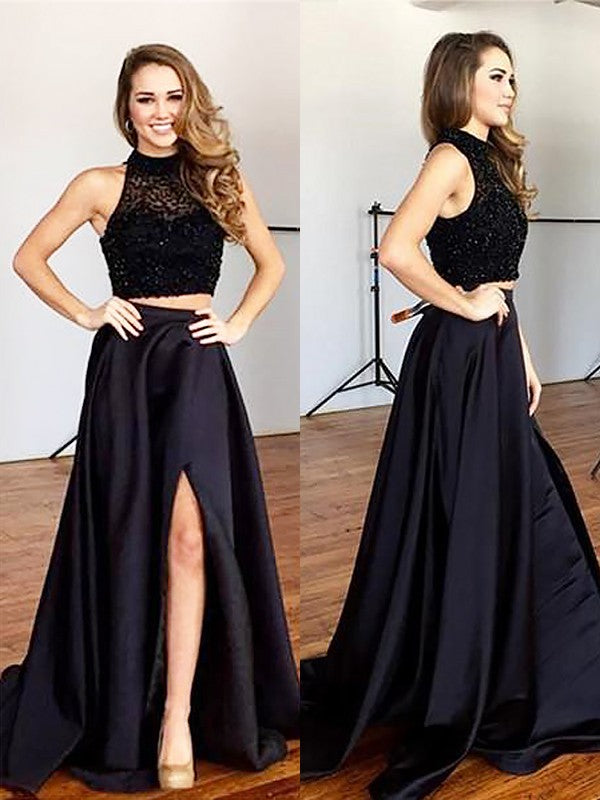 Vestidos de fiesta de dos piezas de corte línea A/elegantes, sin mangas, con cuello halter y detalles de satén con cuentas
