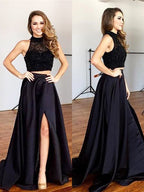 Vestidos de fiesta de dos piezas de corte línea A/elegantes, sin mangas, con cuello halter y detalles de satén con cuentas