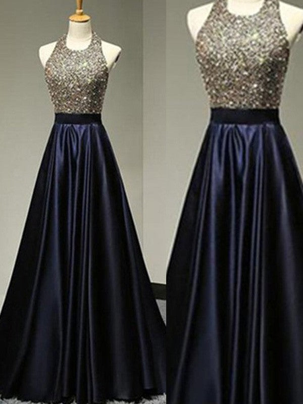 Vestidos de graduación elegantes de corte línea A, sin mangas, con cuello halter, de satén y hasta el suelo, con cuentas.
