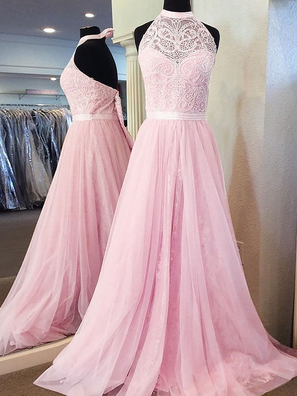 Vestidos de graduación elegantes de corte línea A, sin mangas, con cuello halter y encaje de tul.
